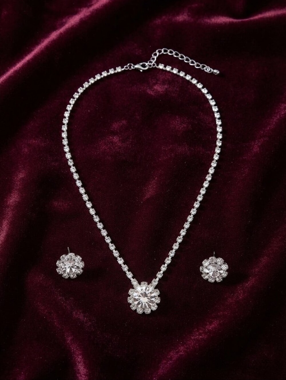 Vintage Silver-Tone Rhinestone Tennis Necklace & Clip-On Earrings Set Trifari CC